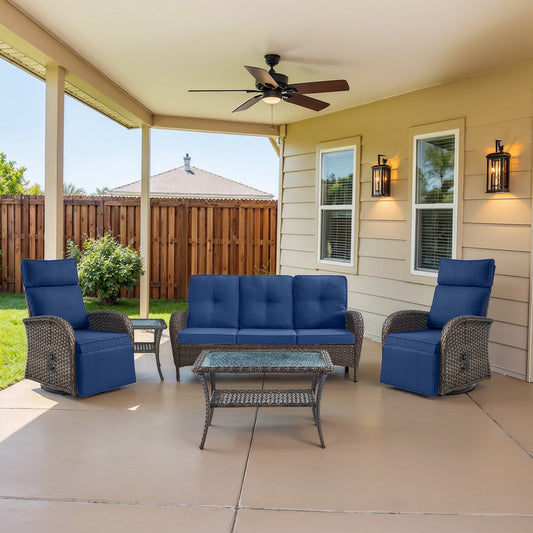 5-Piece Premium Patio Set: PE Wicker Swivel Recliner + Removable Sofa & Chaise Lounge - Adjustable Backrest/Footrest with Coffee Table, NDS Series