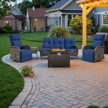 NDS Series 5-Piece Premium Outdoor Set: 2 Swivel Recliners + 1 Sofa & 43 Inch Propane Fire Table with Side Table - Belord