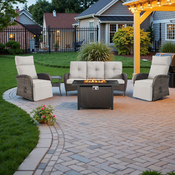 NDS Series 5-Piece Premium Outdoor Set: 2 Swivel Recliners + 1 Sofa & 43 Inch Propane Fire Table with Side Table - Belord