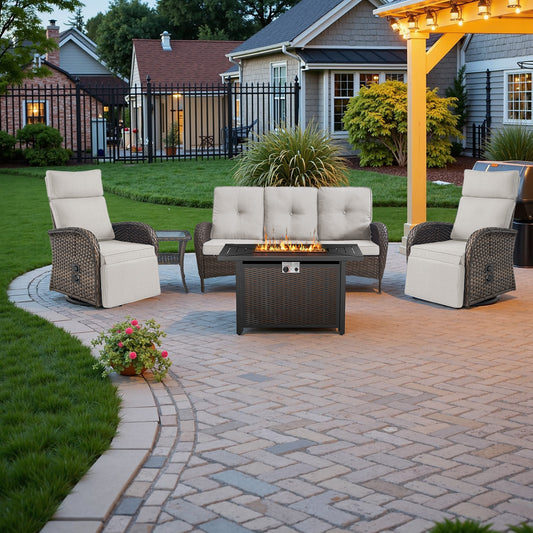 NDS Series 5-Piece Premium Outdoor Set: 2 Swivel Recliners + 1 Sofa & 43" Propane Fire Table with Side Table