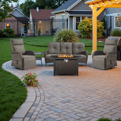 NDS Series 5-Piece Premium Outdoor Set: 2 Swivel Recliners + 1 Sofa & 43" Propane Fire Table with Side Table