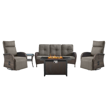 NDS Series 5-Piece Premium Outdoor Set: 2 Swivel Recliners + 1 Sofa & 43 Inch Propane Fire Table with Side Table - Belord