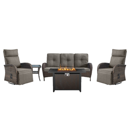 NDS Series 5-Piece Premium Outdoor Set: 2 Swivel Recliners + 1 Sofa & 43" Propane Fire Table with Side Table