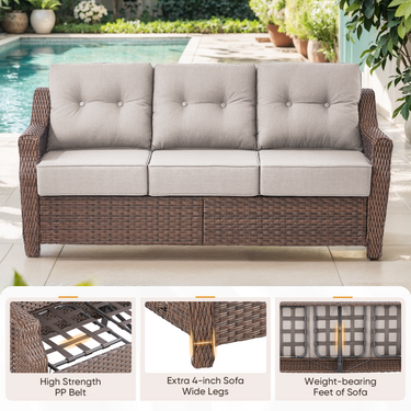 Belord 6-piece wicker swivel glider patio set with sofa and ottoman from the OVOLO series, featuring plush cushions and woven design.