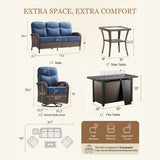 Belord 5-piece wicker swivel glider patio chair set with fire pit table, outdoor fire pit set for patio relaxation.