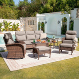 Belord 7-piece outdoor patio conversation set with high-back sofa, swivel rockers, and ottomans for stylish summer outdoor seating.