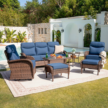 Belord 7-piece patio conversation set with high-back sofa, swivel rockers, and ottomans for outdoor summer lounging.