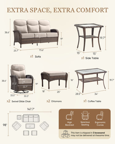 Belord 7-piece outdoor patio conversation set with high-back sofa, swivel rockers, and ottomans for stylish summer outdoor living