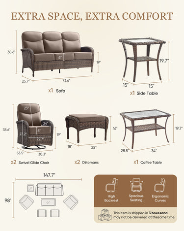 Belord 7-piece outdoor patio conversation set with high-back sofa, swivel rockers, and ottomans for stylish summer evenings.