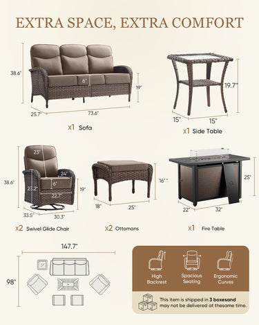 Belord luxury 7-piece patio lounge set with fire pit table and ottomans, deep cushions for comfortable outdoor deck evenings.
