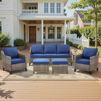 PE Wicker Conversation Sofa Set (6-Piece) — Fully Cushioned Sofa, 2 Chairs & 2 Ottomans with Side Table, FG Series