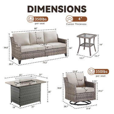 Belord 6-piece fire pit patio set includes twin sofas, swivel chairs, and side table with a fire hearth, ideal for outdoor gatherings.