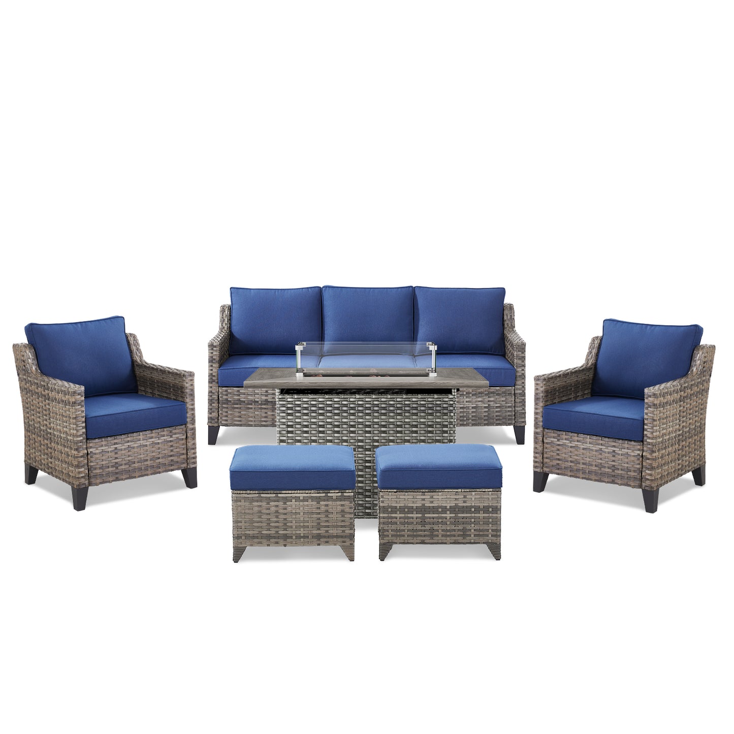 6-Piece Fire Pit Gathering Set: Sofa, 2 Chairs, Ottoman & Long Grey Rattan Hearth, FG Series