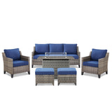 Belord 6-piece fire pit patio set with rattan sofa chairs and ottomans, featuring a fire table for outdoor hearth and relaxation.