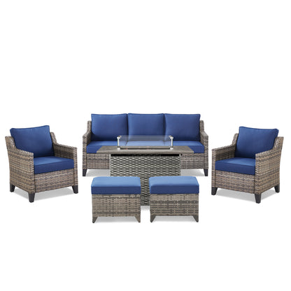 6-Piece Fire Pit Gathering Set: Sofa, 2 Chairs, Ottoman & Long Grey Rattan Hearth, FG Series