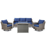 Belord 5-piece outdoor patio furniture set with wicker sofa, two swivel chairs, gray fire pit, and side table for outdoor lounging.