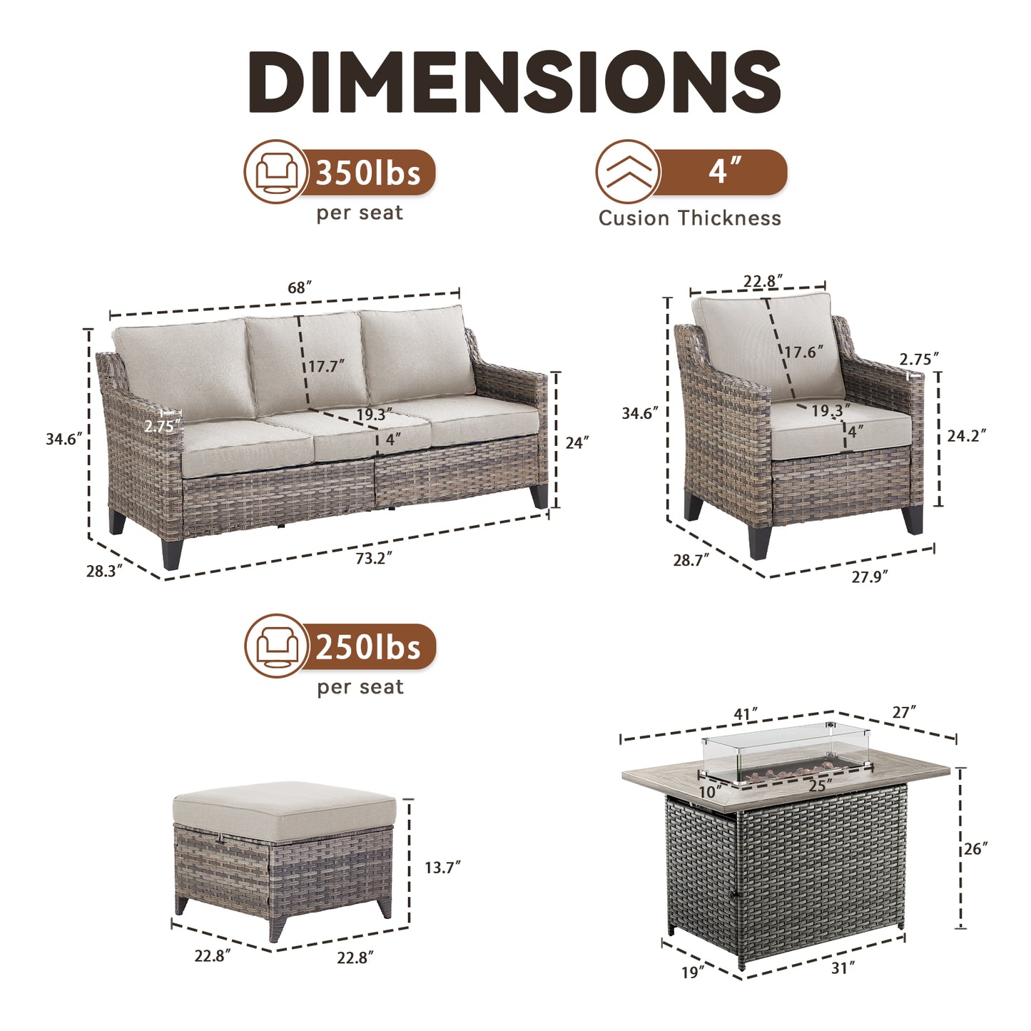 6-Piece Fire Pit Gathering Set: Sofa, 2 Chairs, Ottoman & Long Grey Rattan Hearth, FG Series