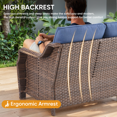 Belord Outdoor Wicker 3-Seat Sofa with thick cushions from the OVOLO Series, perfect for patio conversation and outdoor lounging.