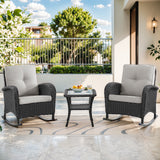 Belord 3-piece wicker rocking chair set with side table, outdoor lounge and seating set in natural woven design.