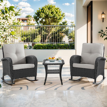 Belord 3-piece wicker rocking chair set with side table, outdoor lounge and seating set in natural woven design.