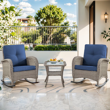 Belord 3-piece wicker rocking chairs set with side table from NDS Series, featuring woven wicker seats and a matching table for outdoor lounging.