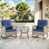 Belord 3-piece wicker rocking chairs set with side table from NDS Series, featuring comfortable seating and natural woven design.