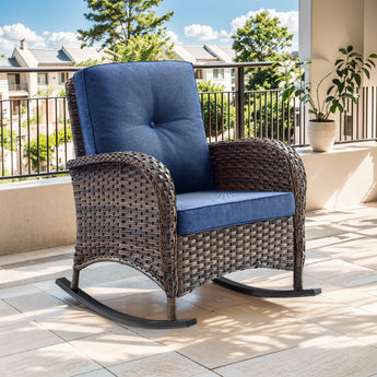Belord patio single PE wicker rocking chair with thick cushions, outdoor furniture with a curved rocking base and plush seating.
