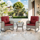 Set of three wicker rocking chairs with a matching side table from Belord's NDS Series lounge seating set, showing the outdoor patio furniture.