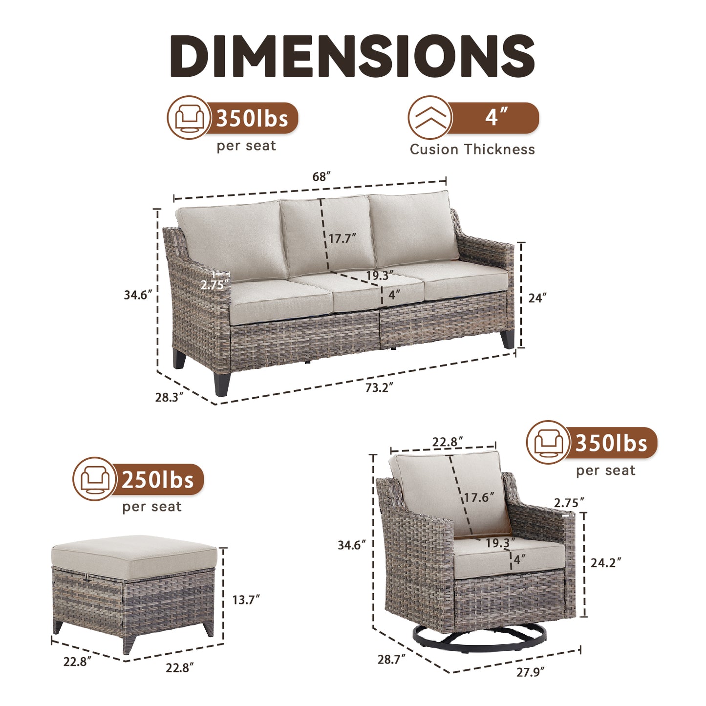 7-Piece Swivel Conversation Set — Includes Sofa, 4 Swivel Chairs & 2 Ottomans for Patio & Garden, FG Series