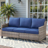 Belord outdoor 3-seat wicker patio sofa with thick cushions, stylish and comfortable for outdoor living spaces.