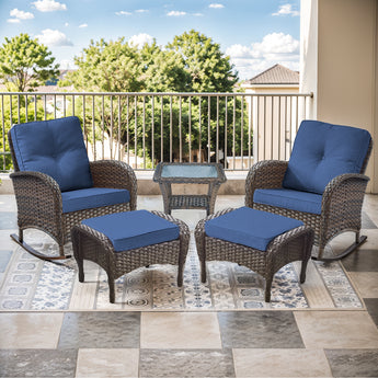 Set of five wicker rocking chairs with matching side table from Belord's NDS Series lounge and seating set, outdoor furniture for relaxing.