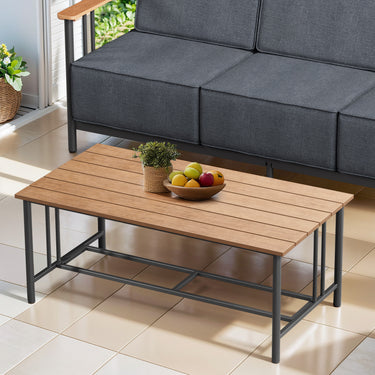 Belord Polywood slat outdoor coffee table with drainage gaps, sturdy design, and 66lb weight in BINGLI Series.