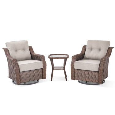 Belord 3-piece outdoor wicker swivel glider chair and side table set from the OVOLO Series, featuring comfortable seating and stylish design.