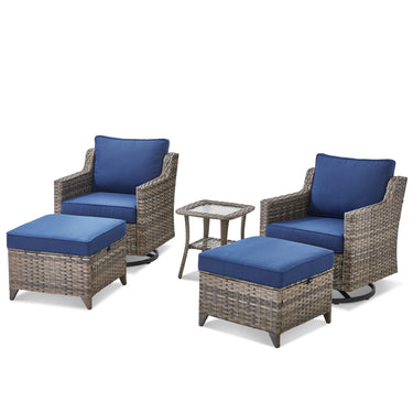 Belord outdoor patio swivel chair set with 2 glider chairs, ottomans, and glass accent table in a stylish outdoor setting.