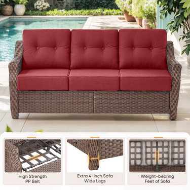 Belord outdoor wicker 3-seat patio sofa with thick cushions from the OVOL Series, ideal for outdoor conversation areas.
