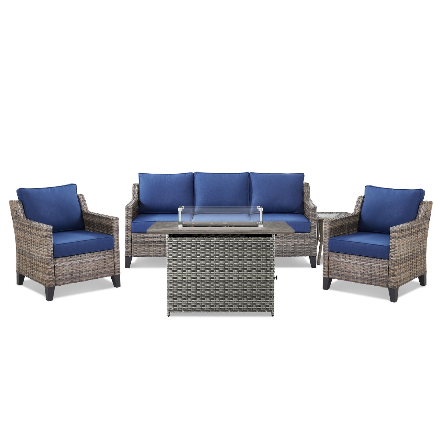 5-Piece Outdoor Patio Furniture Set — Wicker Sofa, 2 Chairs, Gray Fire Pit & Side Table, FG Series