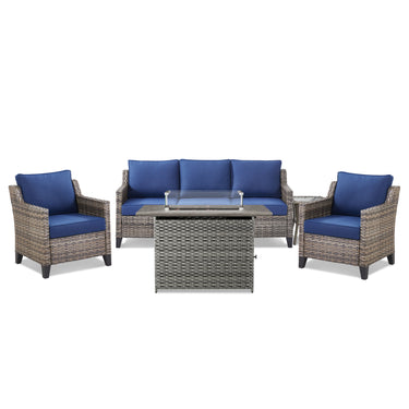 Belord 5-piece outdoor patio furniture set with wicker sofa, two chairs, gray fire pit, and side table for outdoor living