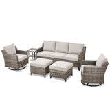 Belord 6-piece patio conversation set with sofa, 2 swivel chairs, 2 ottomans, and glass table for outdoor lounging.
