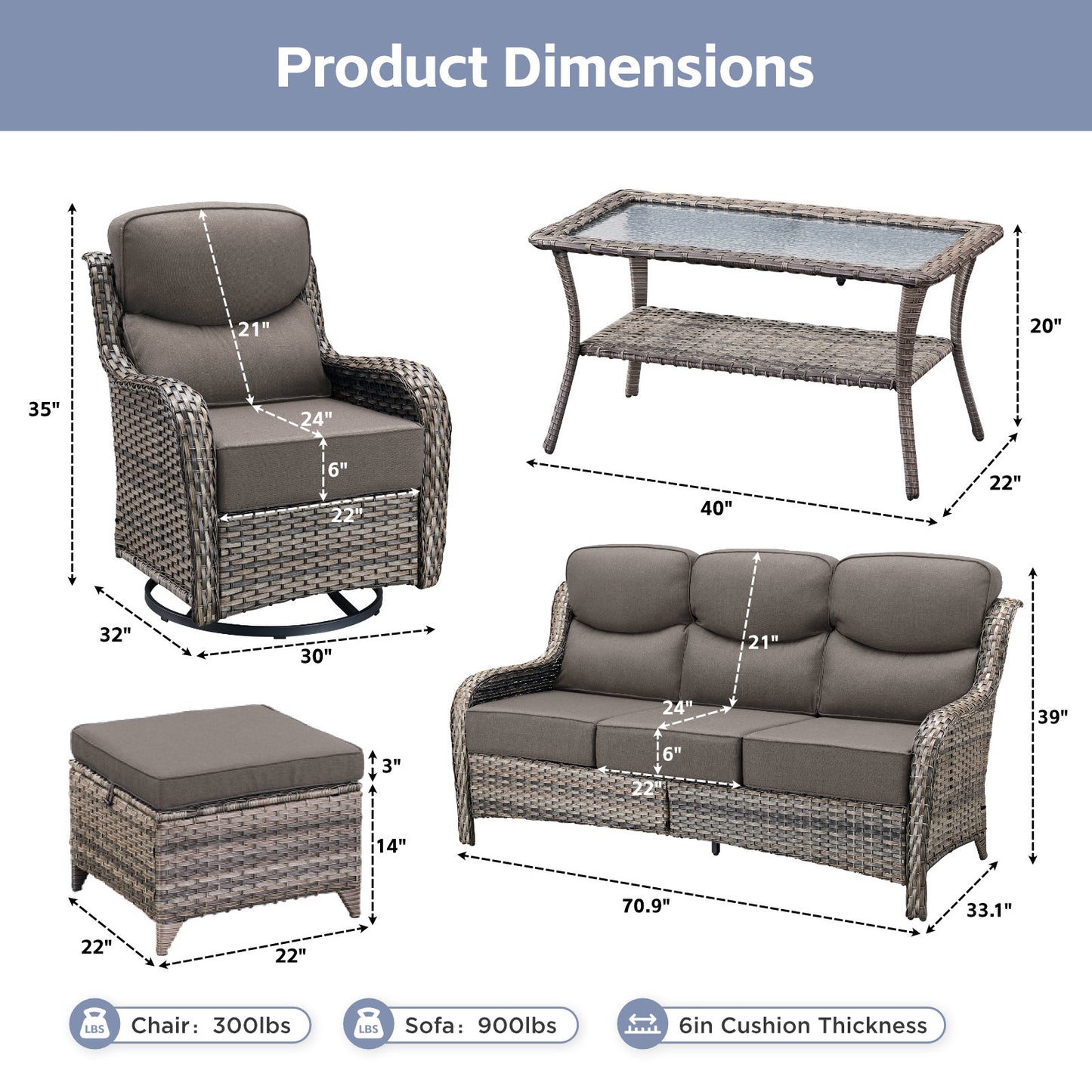 Premium Outdoor 8PCS Sofa Set with Coffee Table for Garden & Deck – 6" Cushion Comfort, NT Series