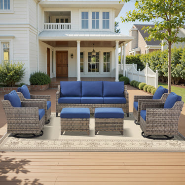 Belord 7-piece patio conversation set with sofa, four swivel chairs, and two ottomans in PE wicker, FG Series outdoor furniture