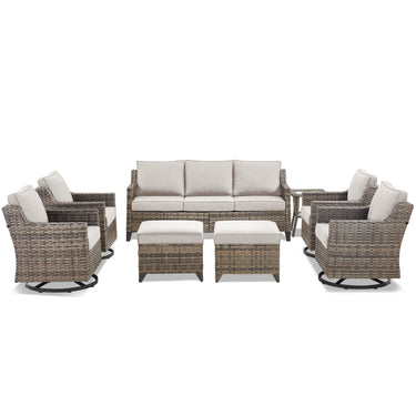 Belord 8-piece patio conversation set with sofa, four swivel chairs, two ottomans, and side tables in outdoor furniture arrangement