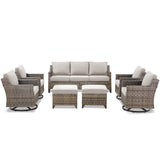 Belord 7-piece patio conversation set includes sofa, four swivel chairs, and two ottomans with PE wicker in FG Series.