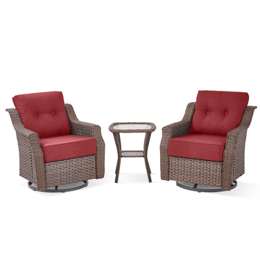 Belord 3-piece outdoor wicker patio conversation set with swivel glider chairs and side table in the OVOLO Series.