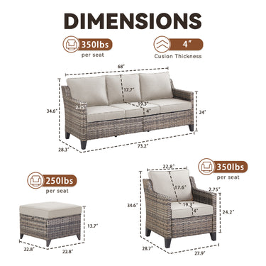 Belord 5-piece outdoor lounge suite with high-back wicker couch, two patio chairs, ottomans, and plush cushions for patio seating.