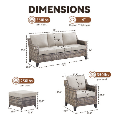 5-Piece Outdoor Lounge Suite — High-Back Wicker Couch, 2 Patio Chairs & Ottomans with Comfy Cushions, FG Series