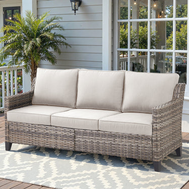 Belord outdoor 3-seat wicker patio sofa with thick cushions, ideal for garden or patio outdoor seating.