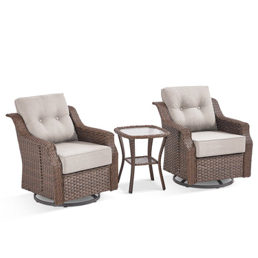 Belord 3-piece outdoor wicker swivel glider chair and side table patio set from the Ovolo series, featuring comfortable seating and stylish design.