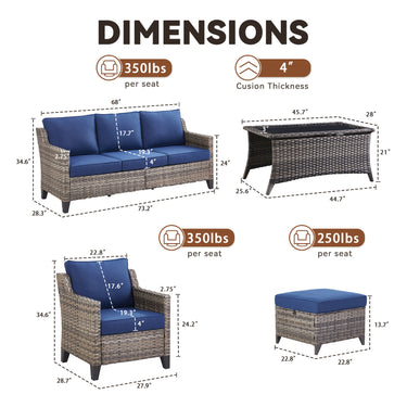 Belord 6-piece outdoor lounge set with hand-woven wicker sofa, patio chairs, coffee table, ottomans, and plush cushions.