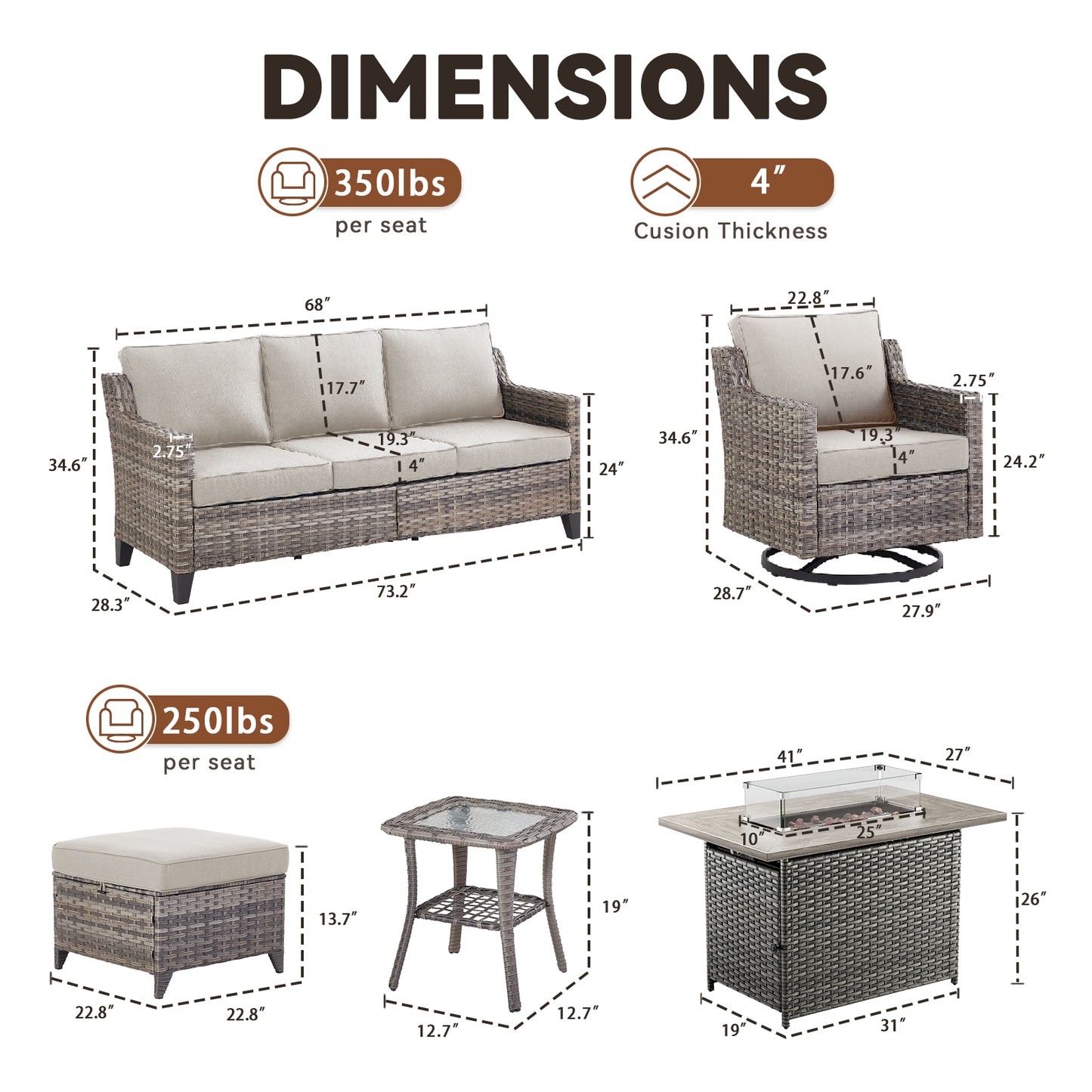 7-Piece Fire Pit Lounge Set: Sofa, 2 Swivel Chairs, Ottoman, Side Table & Long Grey Rattan Fire Pit, FG Series