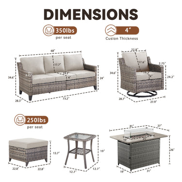 Belord 7-piece fire pit patio set with sofa, swivel chairs, ottomans, and side table, perfect for outdoor gatherings.